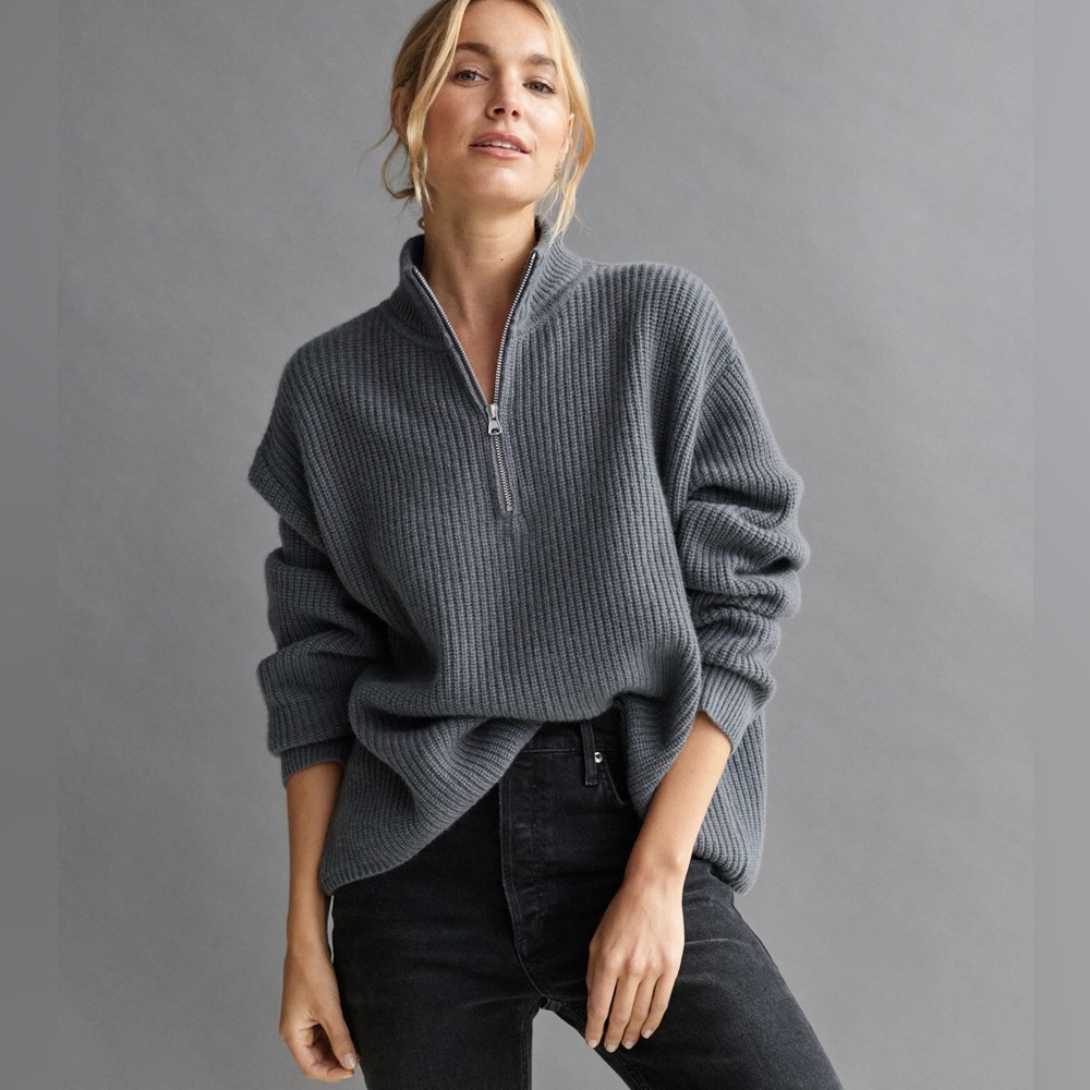 Jenni Kayne 100% Cashmere Half-Zip Sweater in Charcoal, Medium